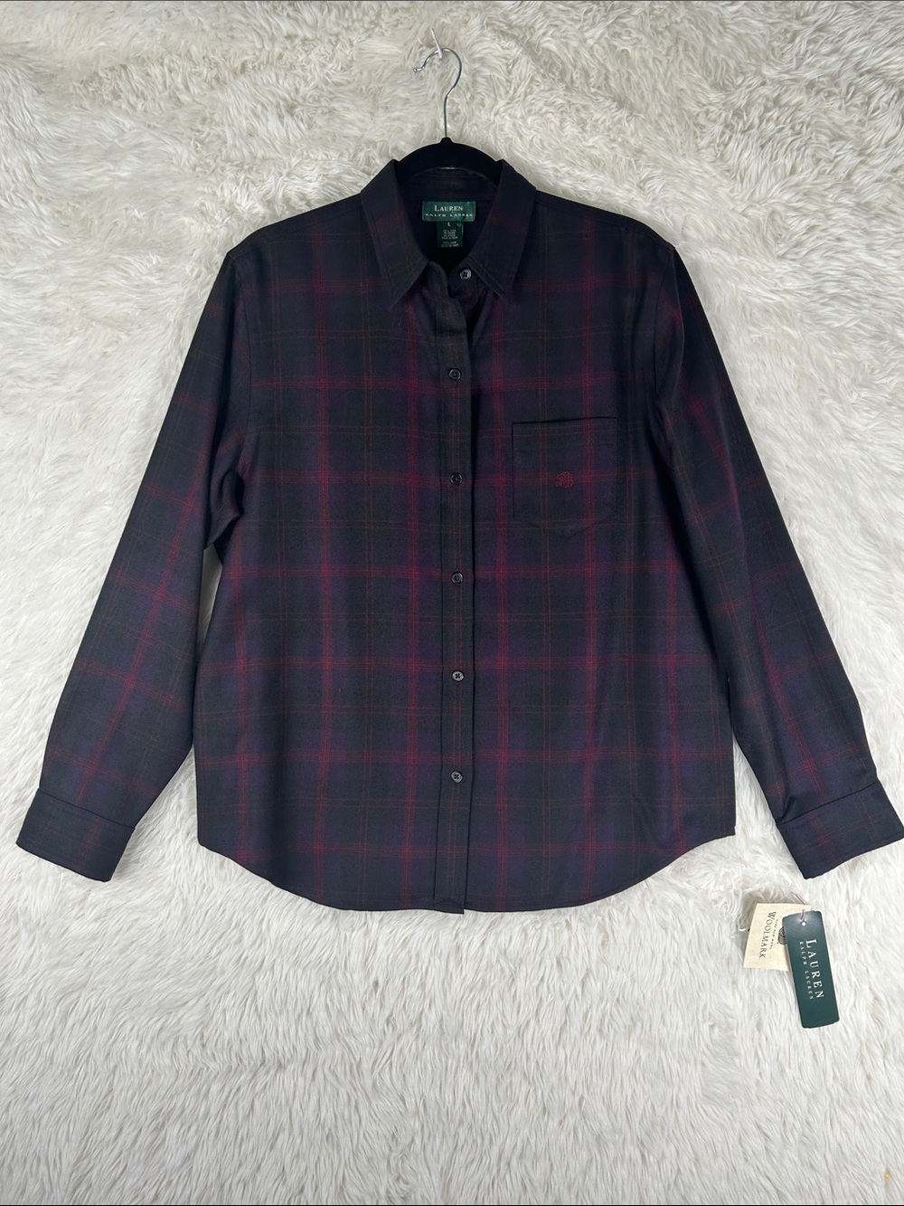 Lauren Ralph Lauren Navy and Red Plaid 100% Wool Long-Sleeve Button-Down Shirt